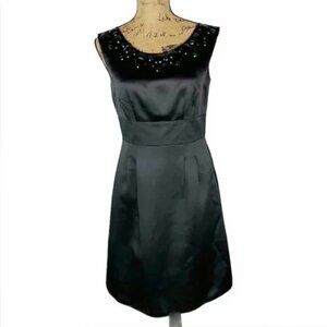 Ann Taylor Black Dress Satin Beaded Cocktail Classic 10